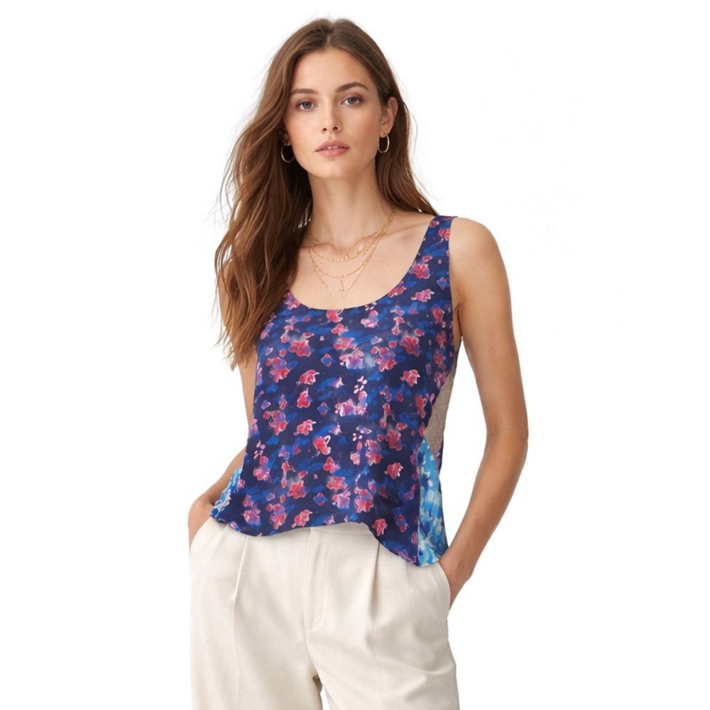 Tanya Taylor Silk Top 6 Blue Pink Watercolor Floral Lace Pleated Fairy Tan